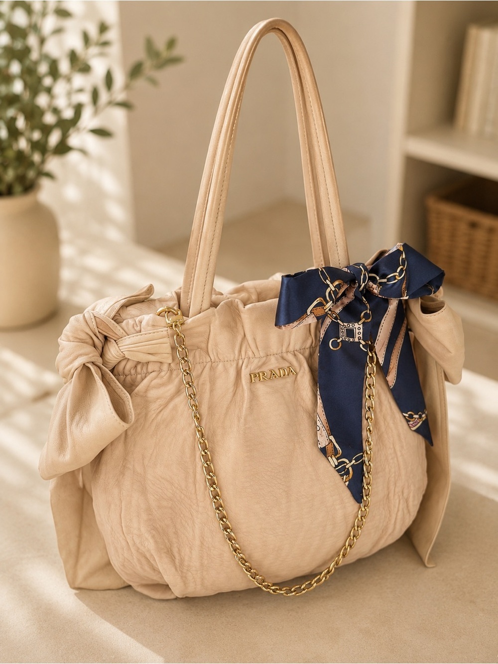 Prada Fiocco Bow Tote Cipria Nappa Leather Rare Archive Bag + Chain
